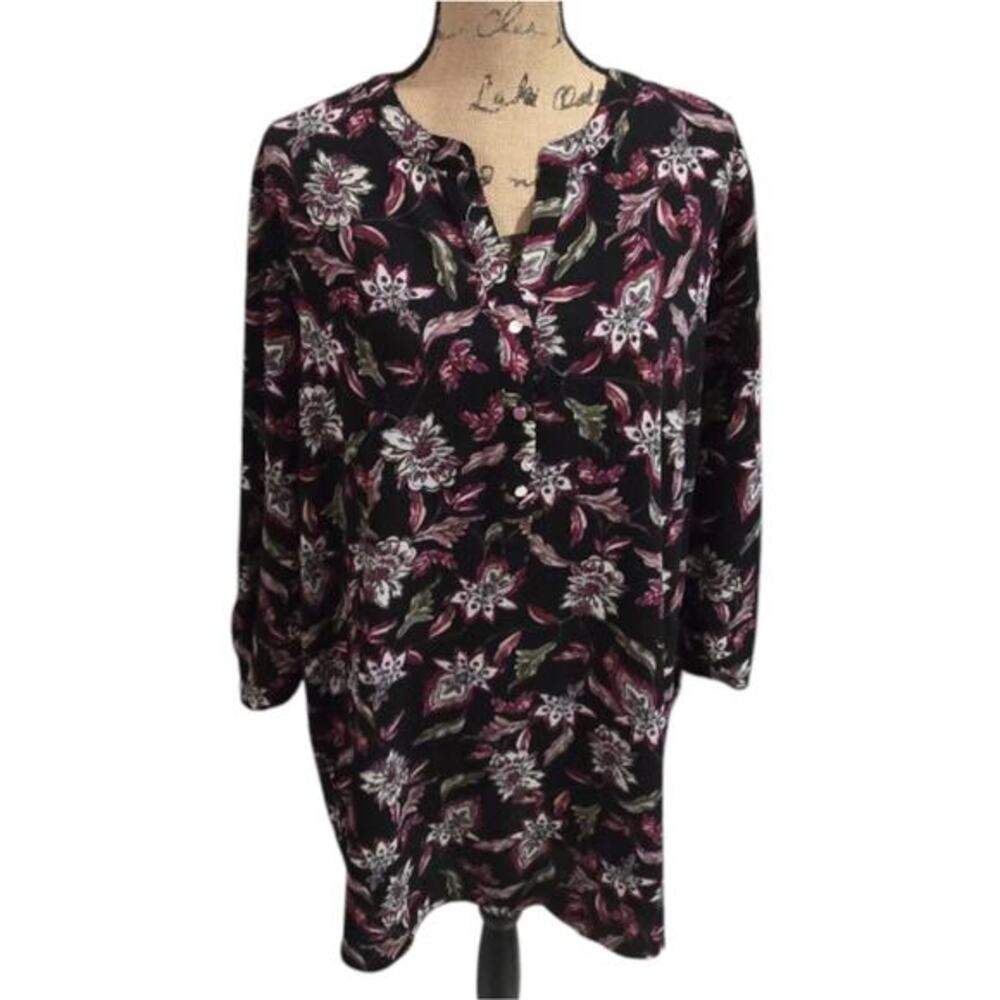 Roz & Ali Floral‎ Black & Red Print 3/4 Sleeve Tunic Shirt Plus Size 2X
